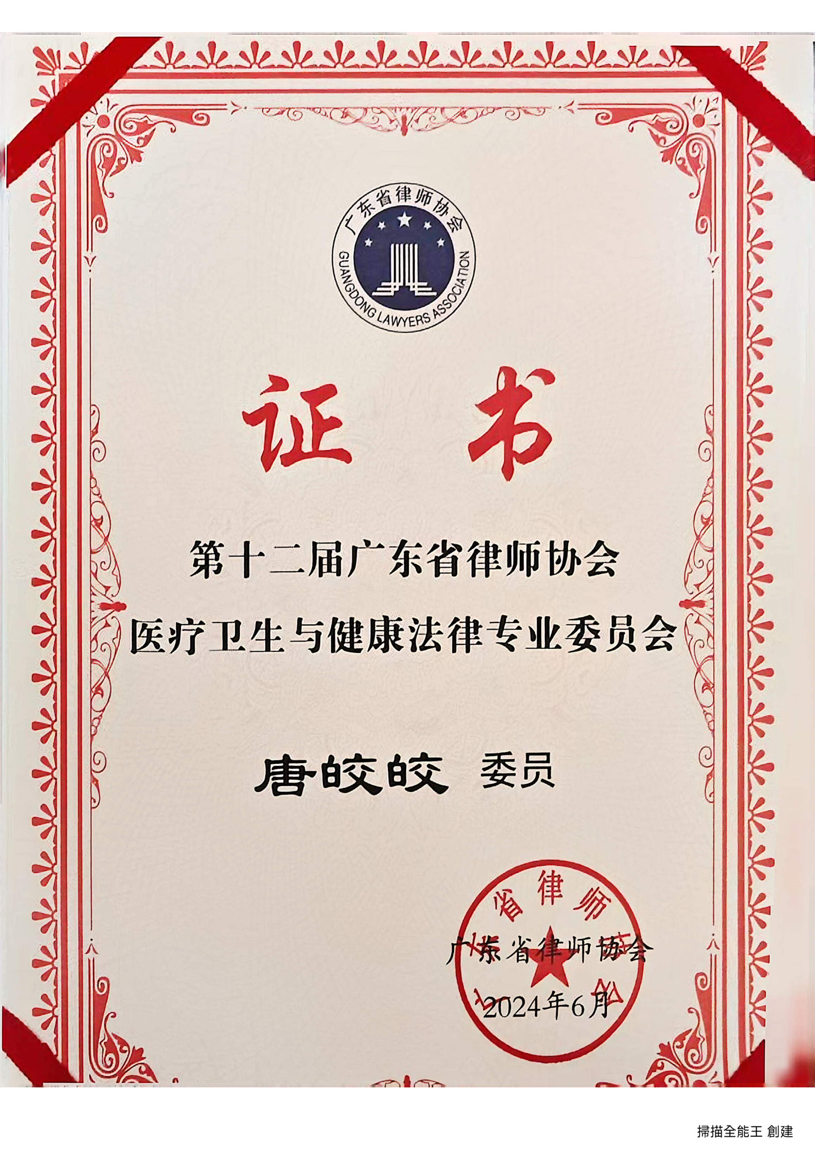 第十二届广东省律师协会医疗卫生与健康法律专业委员会委员聘书